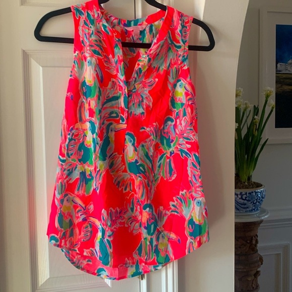Lilly Pulitzer‎ Sleeveless Blouse Bright Pink Notch Neck Stacey Tank Toucan XXS - Picture 1 of 9